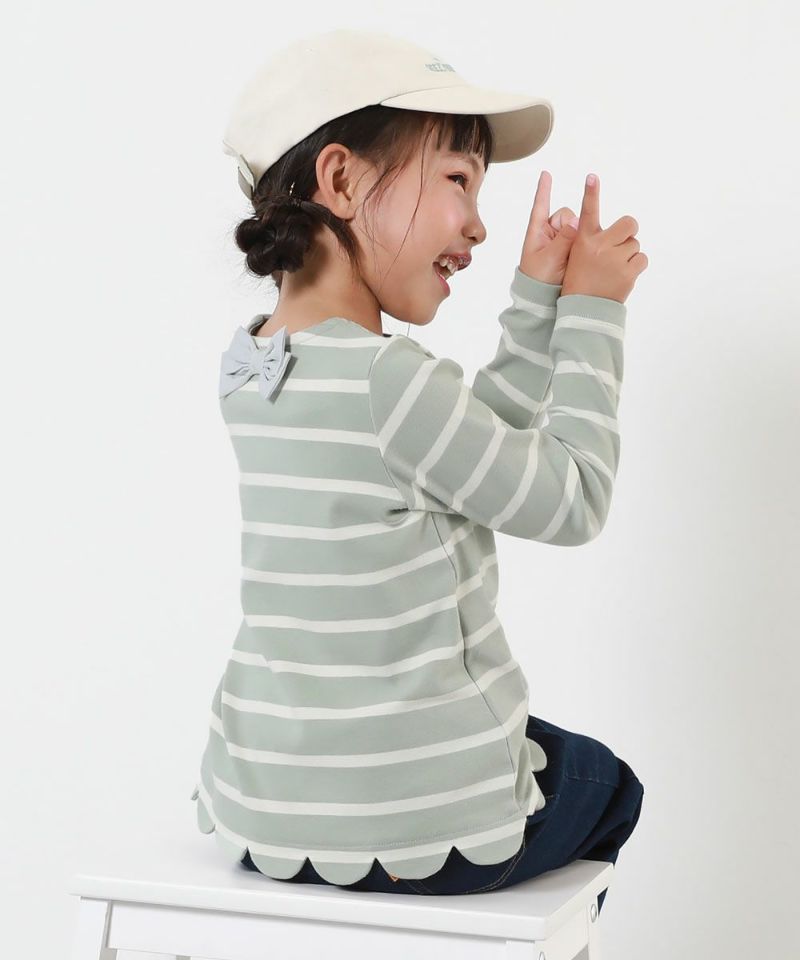 22%OFF】もちもちストレッチ 裾スカラップ 先染めボーダー 長袖Tシャツ