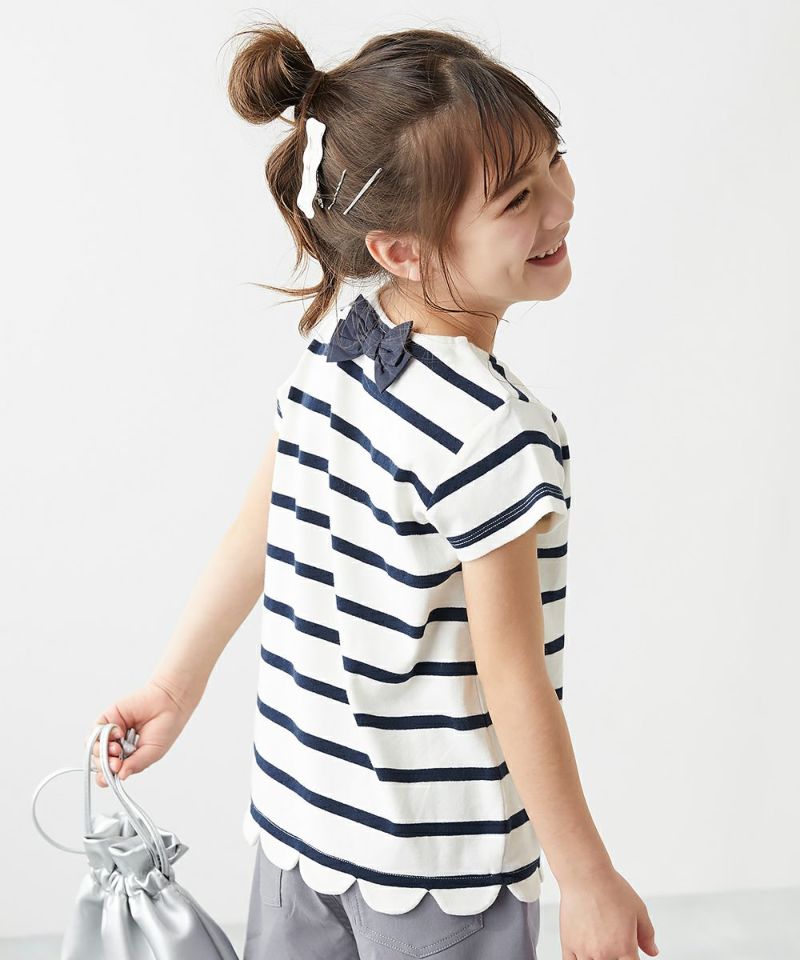 50%OFF】もちもちストレッチ 裾スカラップ 先染めボーダー 半袖Tシャツ