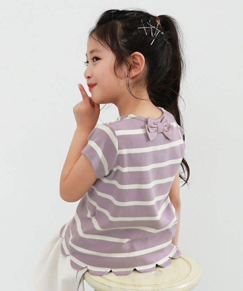 50%OFF】もちもちストレッチ 裾スカラップ 先染めボーダー 半袖Tシャツ